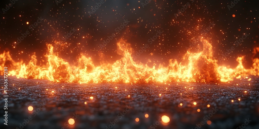 Burning flames and glowing embers ignite across the dark ground Burning flames and glowing embers ignite across the dark ground