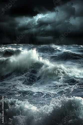 Powerful storm clouds loom over a raging sea, with lightning illuminating the sky and heavy rain striking crashing ocean waves. A dramatic and intense marine scene capturing the raw force of nature.