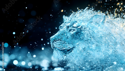 Majestic lion head sculpted from flowing water, set against a dark, bokeh-filled background