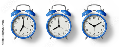 Blue twin bell Alarm Clock analog classic vintage retro style, isolated on a transparent background, PNG. High resolution. 