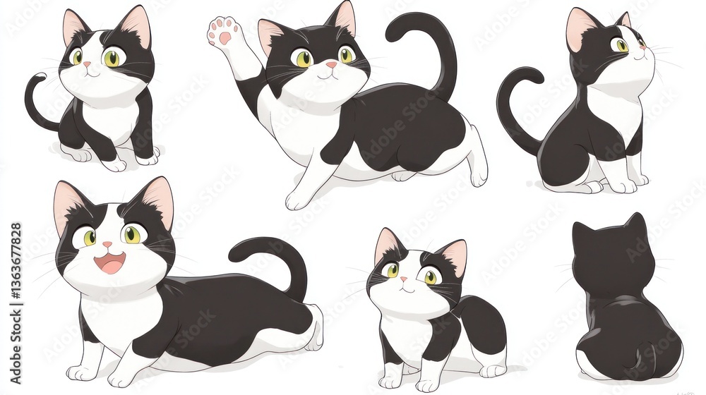 Obraz premium Playful tuxedo cat poses, isolated white background, kids book illustration