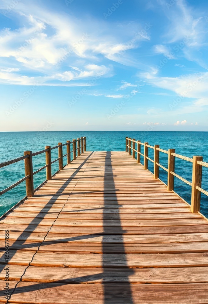 Gray weathered wooden pier deck extends over calm blue sea under summer sky, nautical, water, ocean Gray weathered wooden pier deck extends over calm blue sea under summer sky, nautical, water, ocean