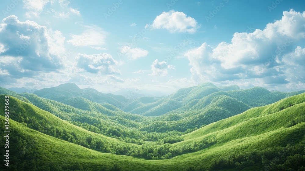 Naklejka premium Lush green hills meet a bright blue sky dotted with fluffy white clouds. This serene landscape is perfect for travel and nature themed projects.