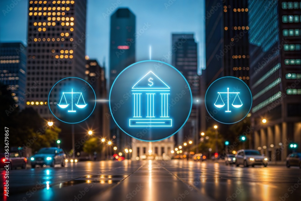 Glowing digital legal icons, including scales and a courthouse, over a modern cityscape at night. (Law) Glowing digital legal icons, including scales and a courthouse, over a modern cityscape at night. (Law)