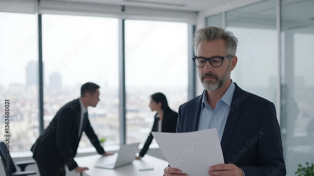 Executive analyzes paperwork during meeting in bright modern office space with cityscape visible Executive analyzes paperwork during meeting in bright modern office space with cityscape visible