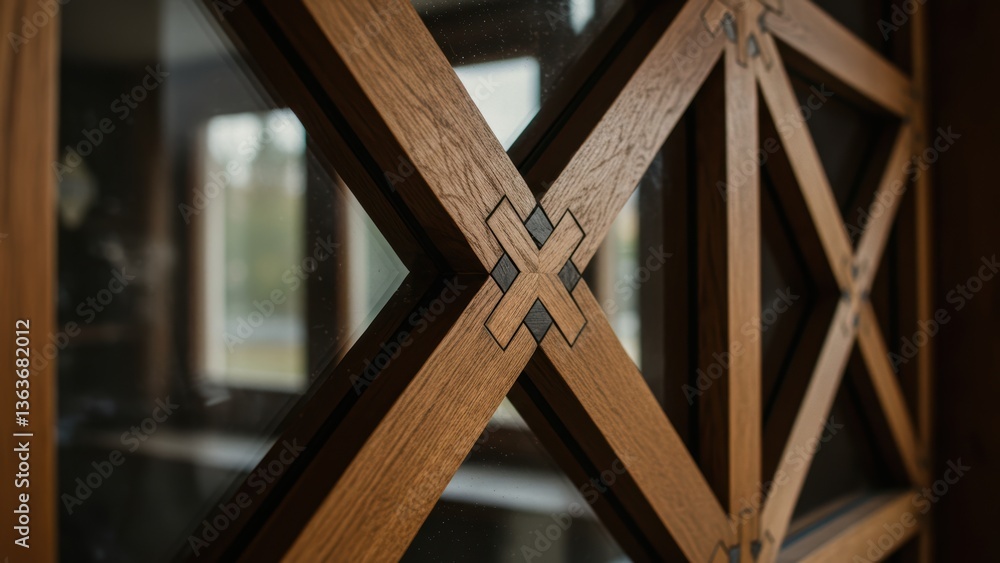 Obraz premium Close-up of a wooden door with a decorative geometric pattern and glass panes.