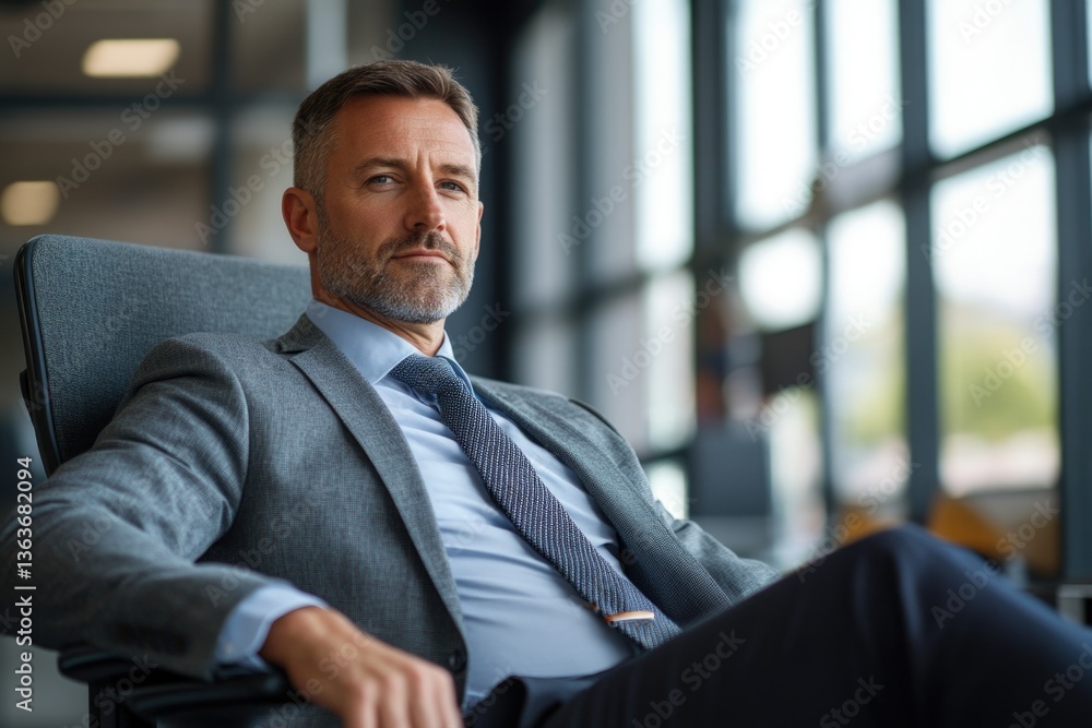A well-dressed man with a beard and mustache, sitting in an executive office chair wearing business attire. A well-dressed man with a beard and mustache, sitting in an executive office chair wearing business attire.