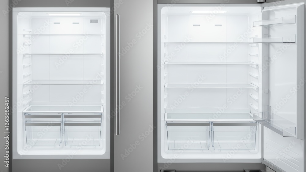 Empty and clean open refrigerator showcasing interior shelving and storage. Empty and clean open refrigerator showcasing interior shelving and storage.