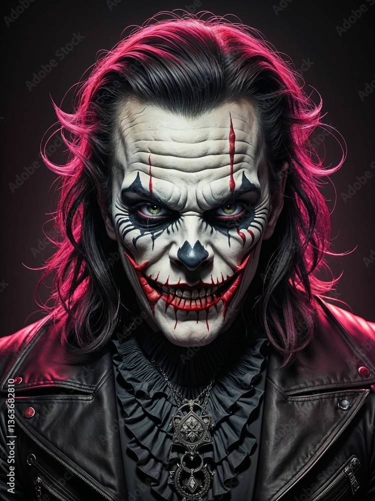 Portrait of a scary clown in a leather jacket. Halloween. Portrait of a scary clown in a leather jacket. Halloween.