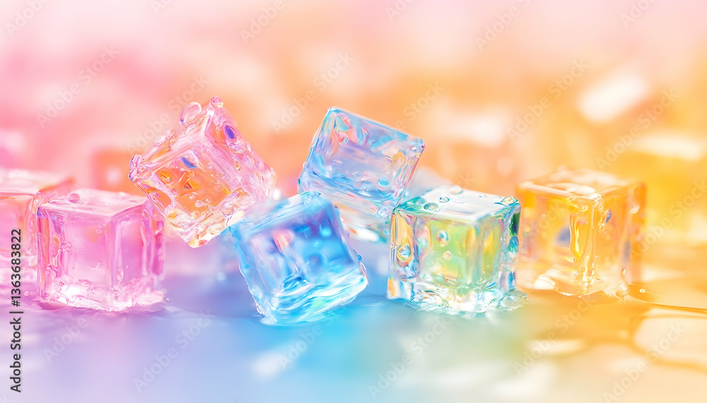 Pastel-colored ice cubes scattered on a shimmering surface Pastel-colored ice cubes scattered on a shimmering surface