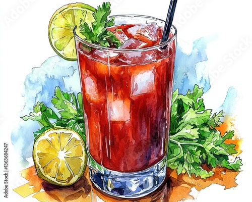 Refreshing Bloody Mary Cocktail Watercolor Painting