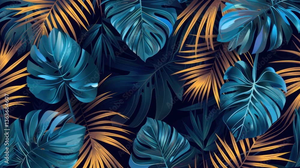 Lush Tropical Foliage Pattern Featuring Vibrant Monstera and Palm Leaves Lush Tropical Foliage Pattern Featuring Vibrant Monstera and Palm Leaves