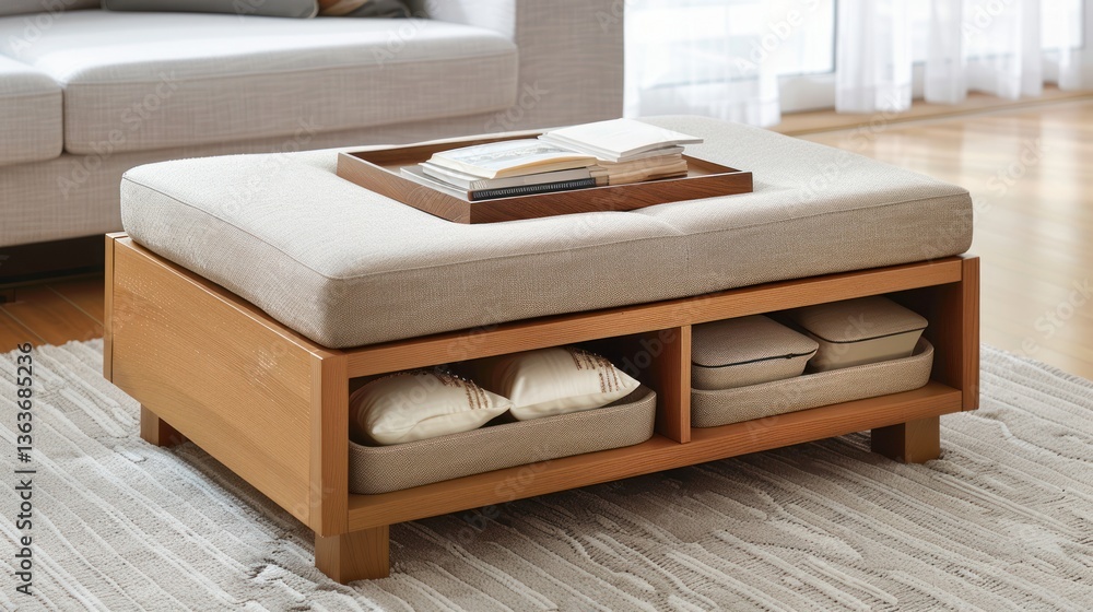 Modern Storage Ottoman with Books and Pillows in a Cozy Living Room Setting Modern Storage Ottoman with Books and Pillows in a Cozy Living Room Setting
