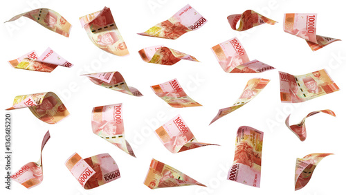 3D rendering of Set of 100000 indonesian rupiah notes flying in different angles and orientations isolated on transparent background. currency of United states
