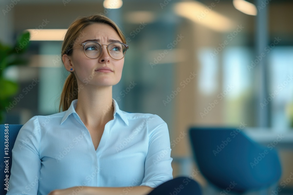 A professional woman in a business environment, wearing a blue shirt and glasses, with her hand on her chin, looking into the distance with a contemplative expression. A professional woman in a business environment, wearing a blue shirt and glasses, with her hand on her chin, looking into the distance with a contemplative expression.