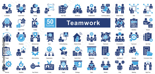 Teamwork icon set in two color style, featuring 50 icons of collaboration, communication, and workplace synergy. Perfect for project management, remote teams, and business strategy.