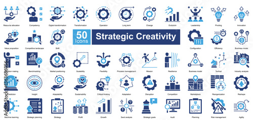 Strategic Creativity icon set in two color style, featuring 50 icons on innovation, leadership, adaptability, and business transformation. Ideal for strategy planning, market analysis, and growth.