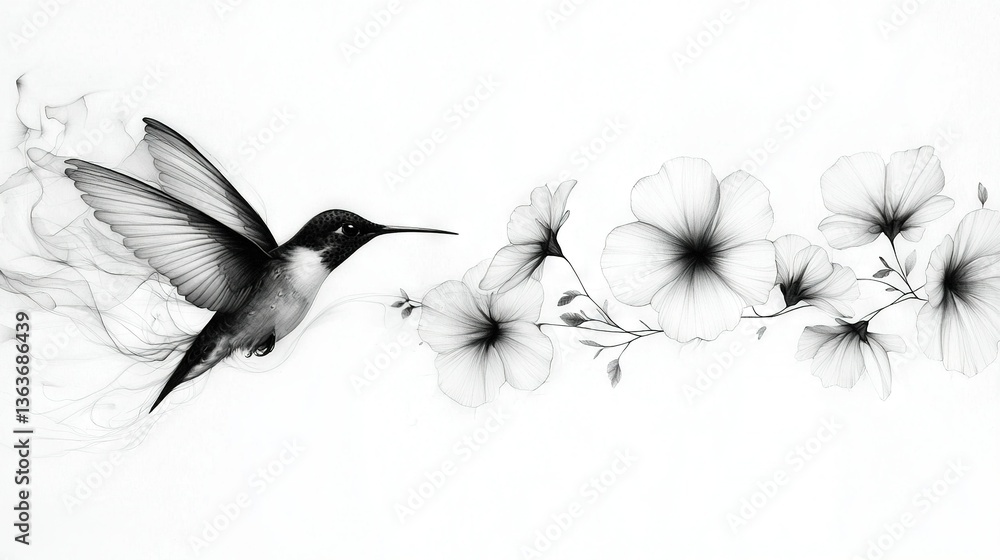 Obraz premium Black-and-white image of a flying hummingbird amidst blooming flowers against a white background