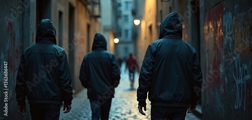Three figures in hoodies walk in dark narrow street. Concept crime stalking sexual assault. Dangerous situation, stalking in shadow. Male figures follow in dark alley at night, illustrating urban photo