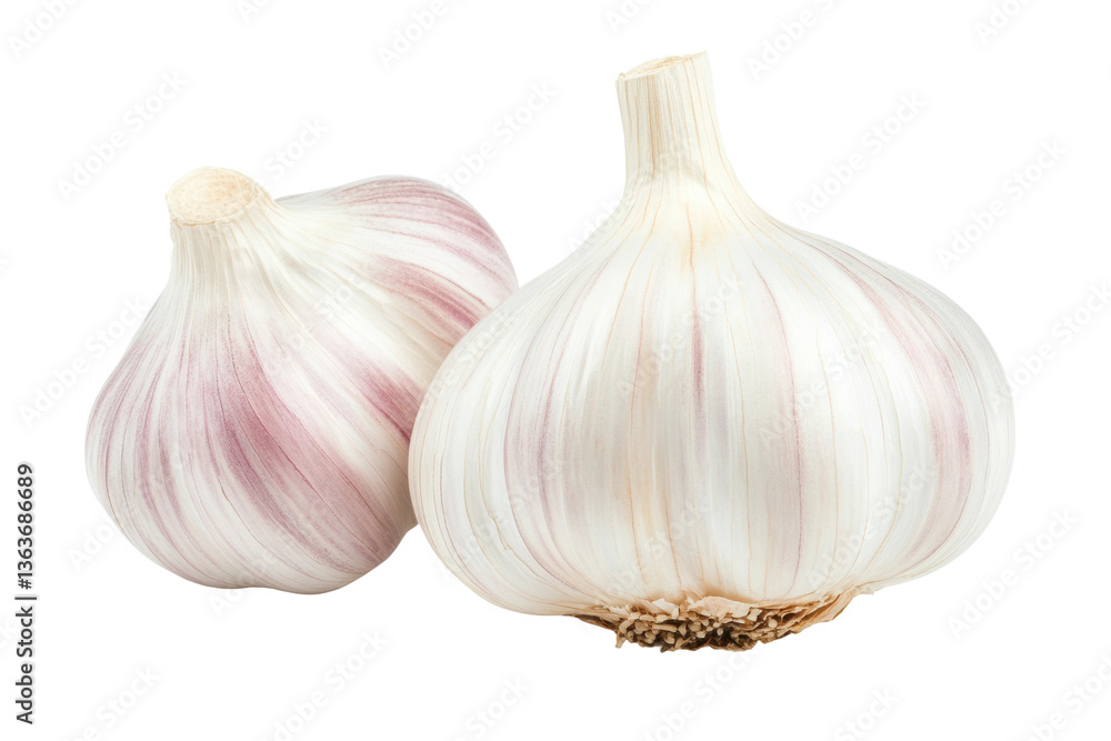 Obraz premium Two fresh garlic bulbs with purple stripes isolated on white background, cut out