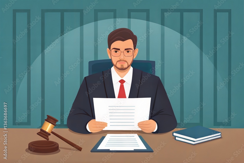 Male lawyer reviewing contract documents with a gavel on a courtroom table. Justice and legal proceedings concept. (Law) Male lawyer reviewing contract documents with a gavel on a courtroom table. Justice and legal proceedings concept. (Law)