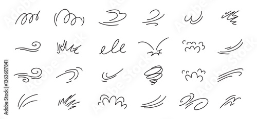 Doodle line wind moving set. Breath of the typhoon. Flat wind moves Vector isolated illustration
