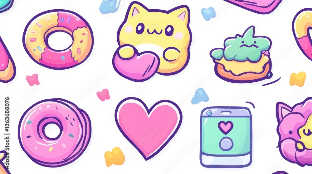 Cute kawaii donuts, cats, and hearts pattern; phone background; sweet treats Cute kawaii donuts, cats, and hearts pattern; phone background; sweet treats