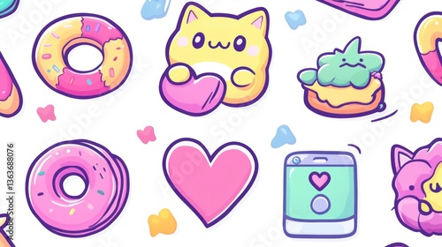 Cute kawaii donuts, cats, and hearts pattern; phone background; sweet treats