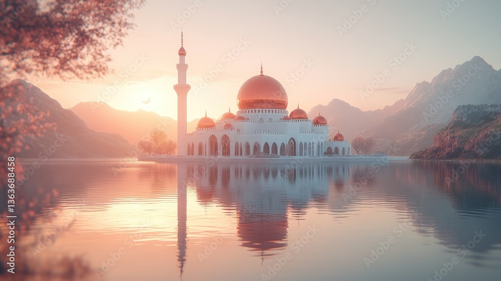 Obraz premium Serene Sunrise Mosque by the Lake