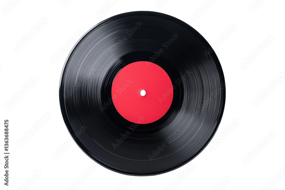 Classic black vinyl record with red label isolated on black background, cut out Classic black vinyl record with red label isolated on black background, cut out