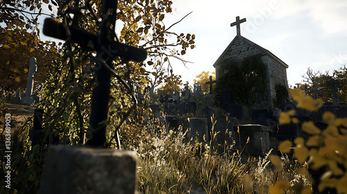 A cemetery with a cross and a church in the background. AI Generated