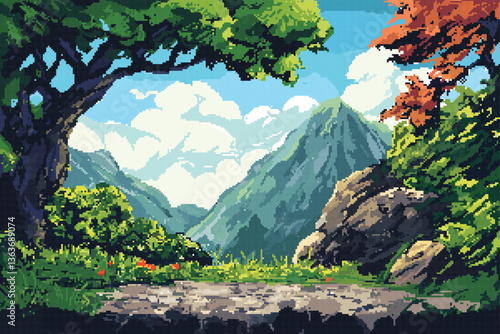 pixel art game level background, 8 bit, landscape, arcade video game, mountains trees. Retro 8 bit video game interface computer game level up background. Vector pixel art illustrat