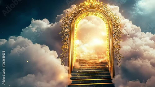 Opulent, gilded archway with stairs leading into bright, cloudy sky. Light emits from the ethereal gate