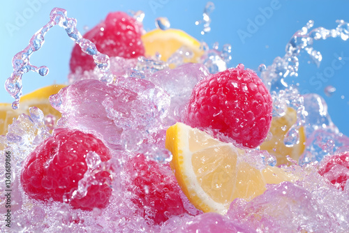 Raspberries and lemon slices splashing in iced water