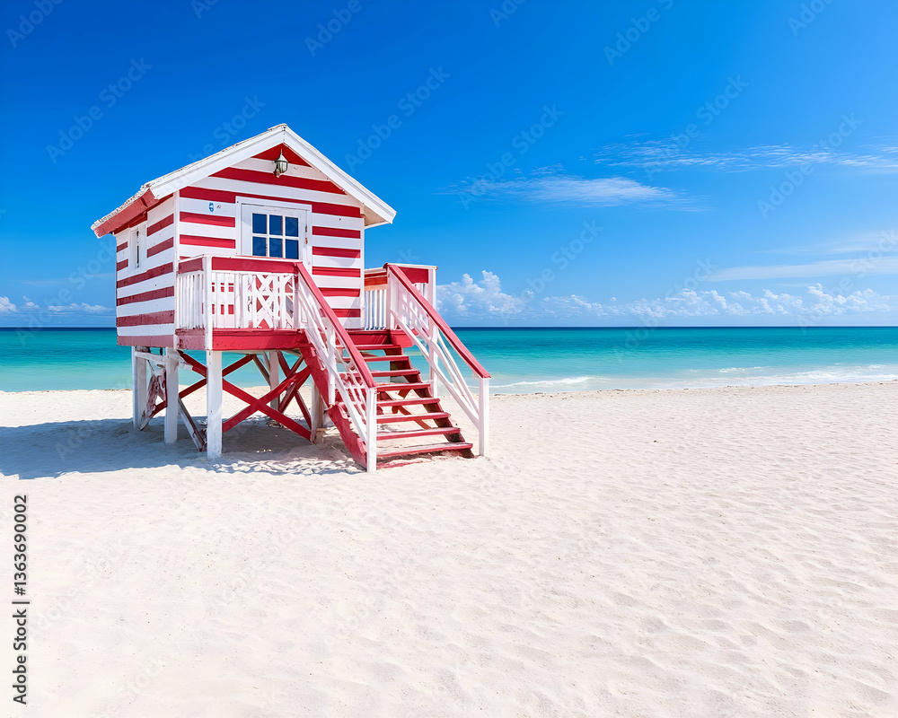 Obraz premium Red and white lifeguard hut on a pristine beach under a vibrant blue sky