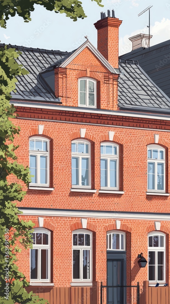 Fototapeta premium Historic brick townhouse facade, sunlight, trees, urban setting, residential property