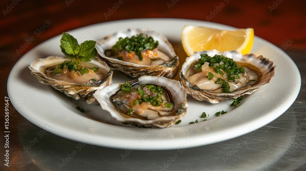 Oysters on plate with lemon food photography Oysters on plate with lemon food photography