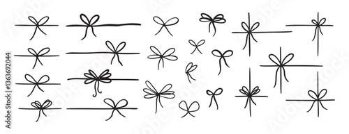 Bow gift ribbon hand drawing line element set. Outline drawing ribbon bow line clipart symbol