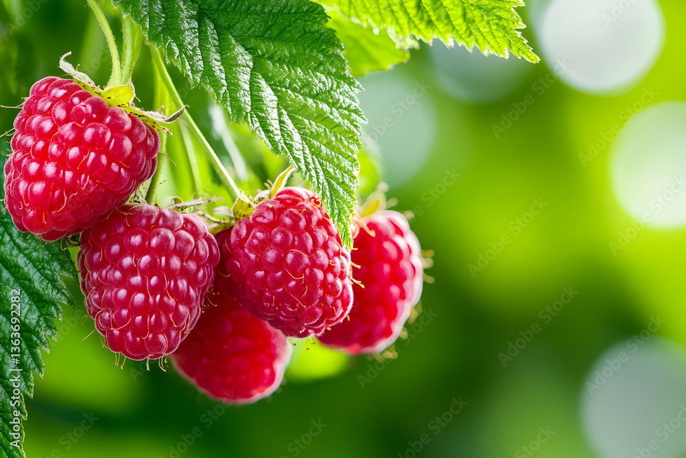 Ripe red raspberries on the bush, fresh from the garden Ripe red raspberries on the bush, fresh from the garden