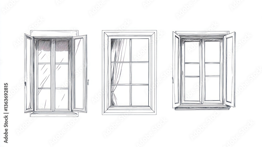 Three different open window frames with curtains in an empty room for architecture Three different open window frames with curtains in an empty room for architecture