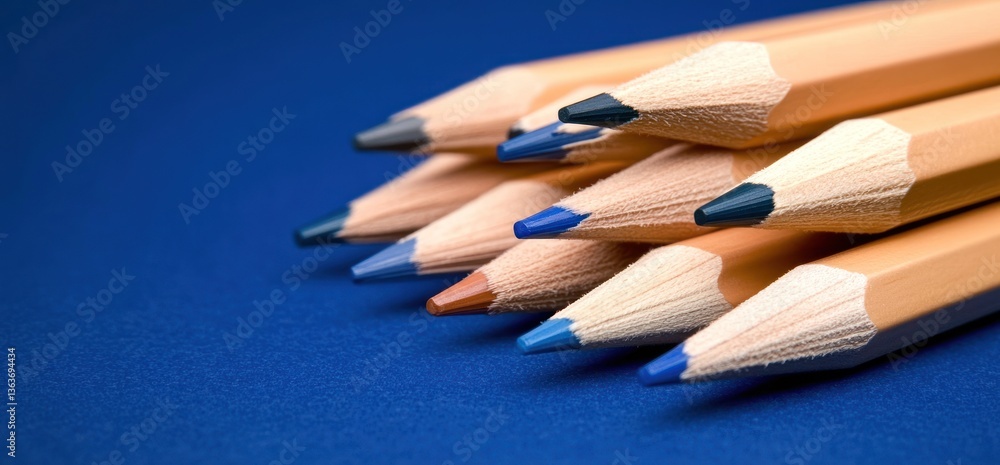 Obraz premium Pencils on blue background sharp wooden