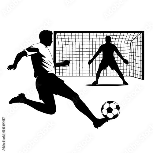 silhouette vector illustration attacking football player takes a penalty kick towards the goal guarded by the goalkeeper