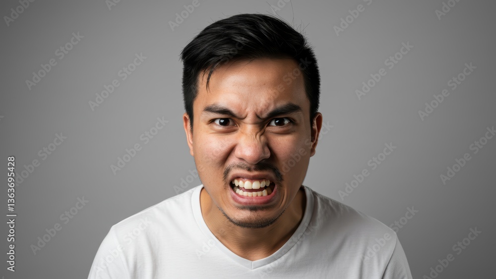 Obraz premium A man expresses intense anger, his face contorted into an aggressive scowl.