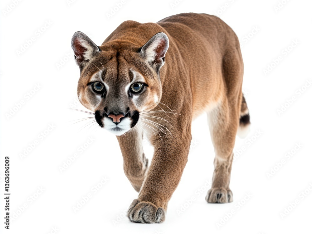 Obraz premium Approaching Cougar Portrait Walking Forward on Clean White Background in Studio