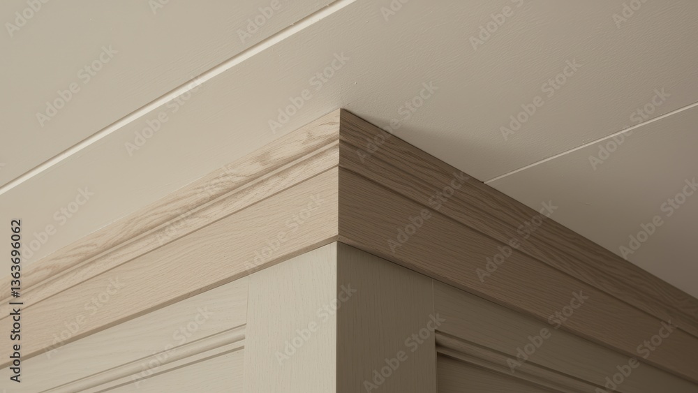 Fototapeta premium Close-up of molding and corner trim details against a neutral beige ceiling.