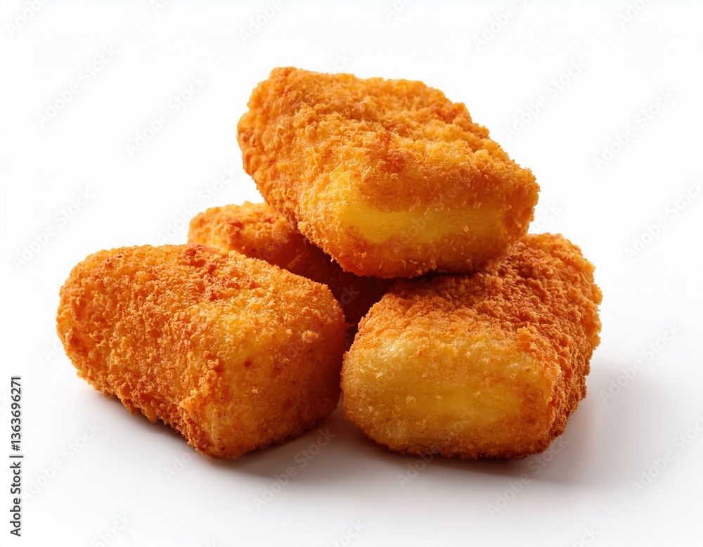 Golden crispy coated cheese bites on white background Golden crispy coated cheese bites on white background