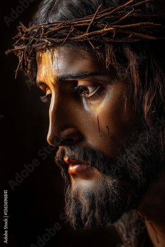 Portrait of Jesus Christ wearing a crown of thorns, symbolizing sacrifice, suffering, and redemption, often associated with Holy Week and the Passion of Christ.