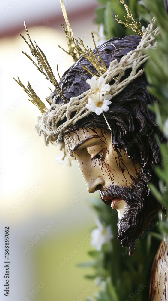 Fototapeta premium Portrait of Jesus Christ wearing a crown of thorns, symbolizing sacrifice, suffering, and redemption, often associated with Holy Week and the Passion of Christ.