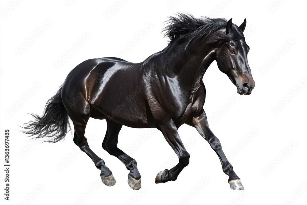 Black Horse Galloping Isolated on White Background Studio Shot