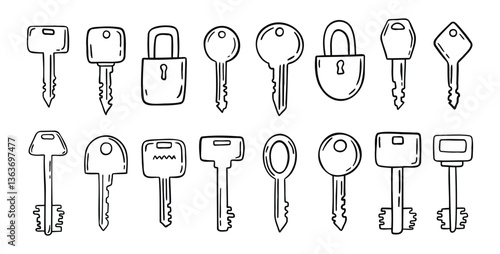 Sketch hand drawn doodle key icon set. Vintage locks and keys. Outline decor security elements collection.